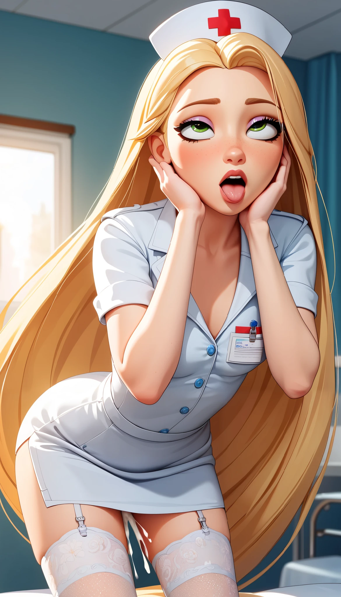 (Perfect Anatomy), Masterpiece, Ultra High Quality, 8k, masterpiece, Highest quality, Ultra-high resolution, Maximum resolution, Very detailed, Professional Lighting, anime, young female, Rapunzel from "Tangled" as sexy nurse, medical gown, super long blonde hair, pretty body, small breasts, nurse outfit, (background, at hospital, cozy coach), flirting nurse, masterpiece, best quality, high resolution, cinematic light, 8k, ((pin-up)), garter belt, (offering sex services), (open mouth), (((offering cum on her face))), leaning forward, view from the top, on her knees, hands on her face, a lot of cum on her fac, ((ultimate pleasure, ahegao))