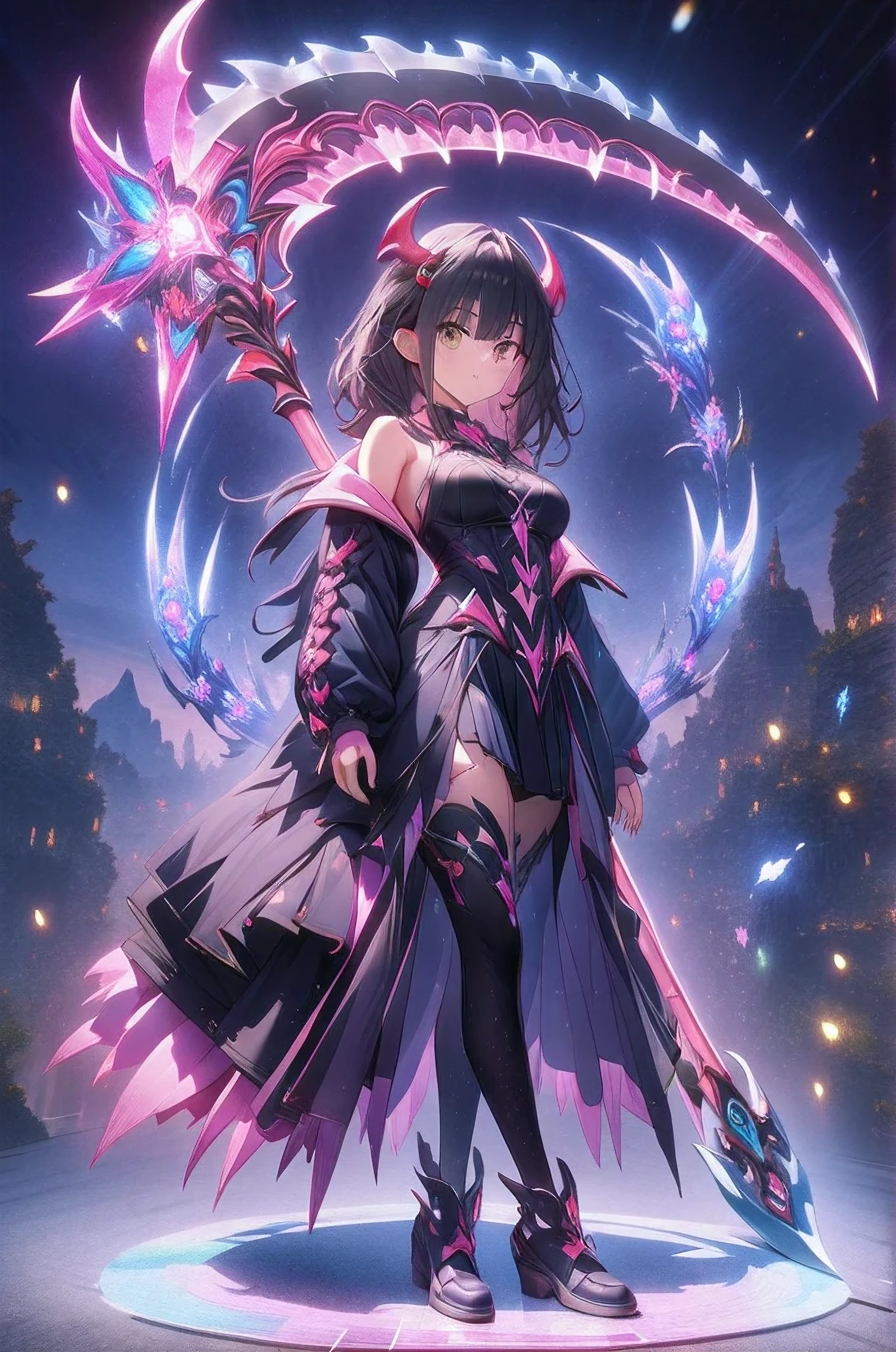 she has a large scythe that is twice the size of his body. Anime illustration of a girl. The sickle has a complicated pattern. Skull accessories. dynamic angle. minimalist background. Octane rendering. Masterpiece, highest quality, highly detailed CG Unity 8k wallpaper, fantasy girl,anime,Sparkle Glowing,Manga Anime, ral-ledlights, ral-sprnva