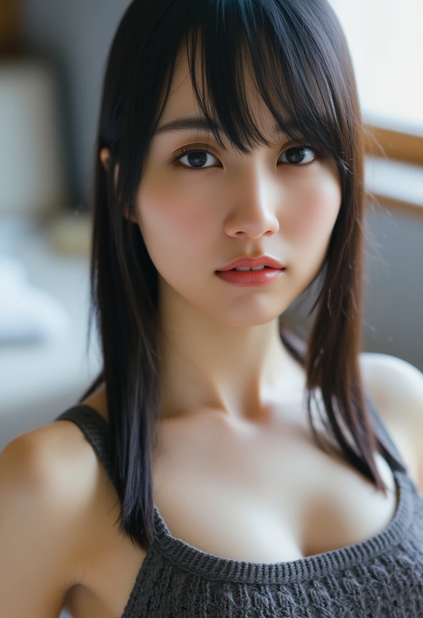  1 girl , woman, masterpiece,  best quality,   best quality , (Volumetric Lighting),  Very detailed CG unity 8k wallpaper, Concentrated, 8k wallpaper,  Very detailed,   surrenders , Photographically,  sharp concentration,  absurd, ( high definition :1.2), (High contrast),   photos with no restrictions, Detailed and complex,  instagram,  portrait,  high definition,   Digital Painting ,  art station ,  concept art, smooth,  sharp concentration, Illustration, ( Big Breasts ),  Medium Shoulders,  is looking at the viewers,  knitted strap tank top,  twin tail hair ,  sitting .