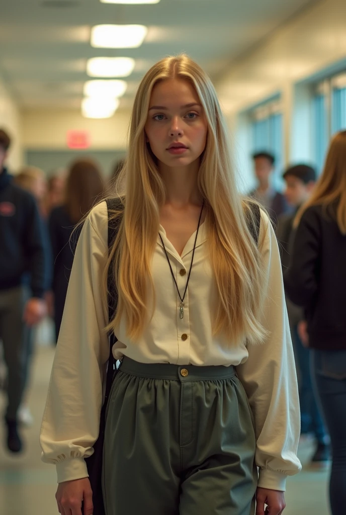 blond woman with long hair wearing green sweater and white collared shirt, a hyperrealistic , hyperrealistic , portrait of high school girl, similar to malfoy, teenage female , frown fashion model, hugh kretschmer, inspired by Martin Schoeller, erwin olaf, realistic , robin eley, eva elfie,looking down,look at the viewer,from below