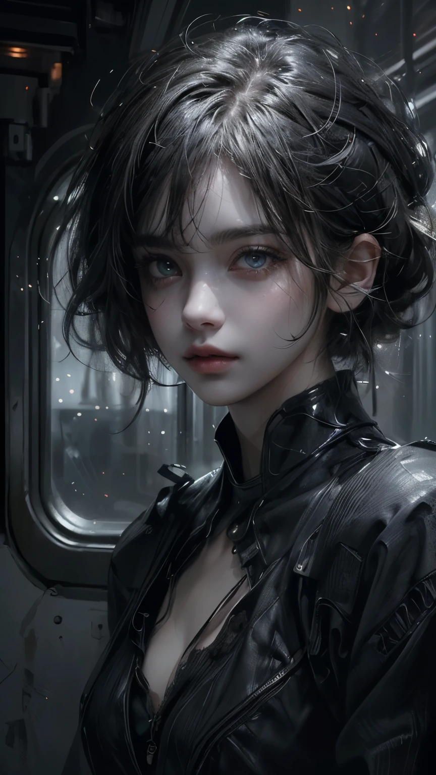 (Outside is a galaxy ,Girl on a train looking out , face sideways , crosses legs), (masterpiece, best quality :1.2), (( best quality , 8k, masterpiece: 1.3)), Beautiful Slender Stomach : 1.3, ( short hair, smaller: 1.2), very detailed face , beautiful eyes, double eyelids, realistic face, real skin , cute face、Firm chest, , cute woman, , professional lighting, ( 1 girl ), Cold Light, best quality, Lots of details, super detailed, very delicate and beautiful girl , beautiful detailed eyes, girl with great attention to detail, messy hair , (( chest in the background)), Cute 18 year old、 very cute face 、 very white skin、Pear Shape 、No Korean characteristics 、 Actual product、( depth of writing)、slender、 Detailed Face and Eyes 、Realistic eyes、 sharp pupils、short bang 、Bedhead. hollow eyes, look up 、Delicate depiction of big eyes 、( perfect eyes:1.1), ( Aim carefully ,Particles of light, barefoot, Get used to it, functional, Concentration: 1.2, beautiful woman with perfect body、best quality, , looks at 、whole body、It's night outside the train window、 outside the window is outer space 、a beautiful girl looking out the window at the vast cosmos, extremely detailed and realistic, beautiful detailed eyes, beautiful detailed lips, extremely detailed face, long eyelashes, astronaut, nebula, stars, galaxies, milky way, floating in space, detailed lighting, cinematic lighting, dark moody lighting, dramatic lighting, stunning 8k detail, hyper realistic, oil painting, digital art,award winning digital art, concept art, matte painting
