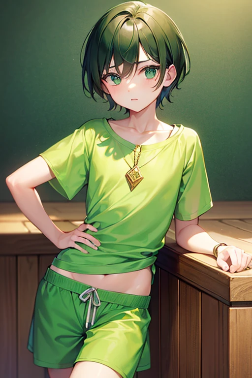 absurdres, highres, ultra detailed, toph beifong , disappointed angry face , solo , gren jacket, open clothes, bra , flat chest , y dolphin
shorts , looking at viewer , bedroom .