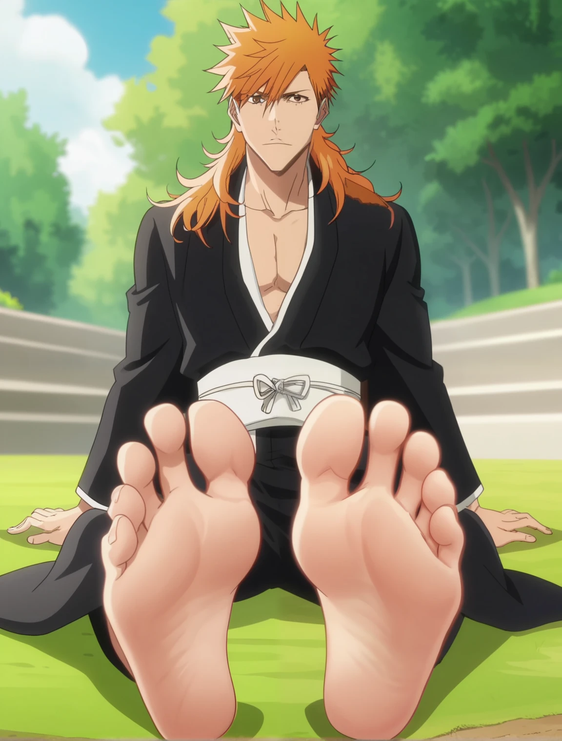 score_9, score_8_up, source_anime,
1boy, Kurosaki Ichigo, bleach, slender, untoned, orange hair, brown eyes, messy shoulder long hair, loose-fitting black kimono, white inner garment, white obi,  wide and flowing black pants, alone, looking at viewer, sitting on the grass, cowboy shot, ANIME SCREENCAP, anime coloring, in a garden, barefoot, perfect feet, anatomically correct, soles, low angle, focal length 35mm, each foot has five toes, front, symmetrical soles, foot focus