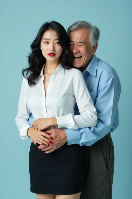 Realistic photo of woman and man hugging each other, 2guys, Family of Japan, Elderly women and young people, (The woman is an 85-year-old gray-haired old woman:1.4), The man is a 20-year-old adolescent, ２The relationship of a person is grandmother and grandson,  hug, Sense of cleanliness, Collar shirt, Chino Pants, professional photograpy, Shot with Canon EOS R6 Mark II, Photograph Taken on Nikon D750, Japanese Models, (masutepiece, of the highest quality, Ultra-detailed, Very delicate and beautiful, Highly detailed, High quality, The highest image quality, 4K, 8K,), (Photorealsitic, perfect anatomia:1.5),  Bewitching smile, (Double eyelids:1.2), mesmerizing eyes,