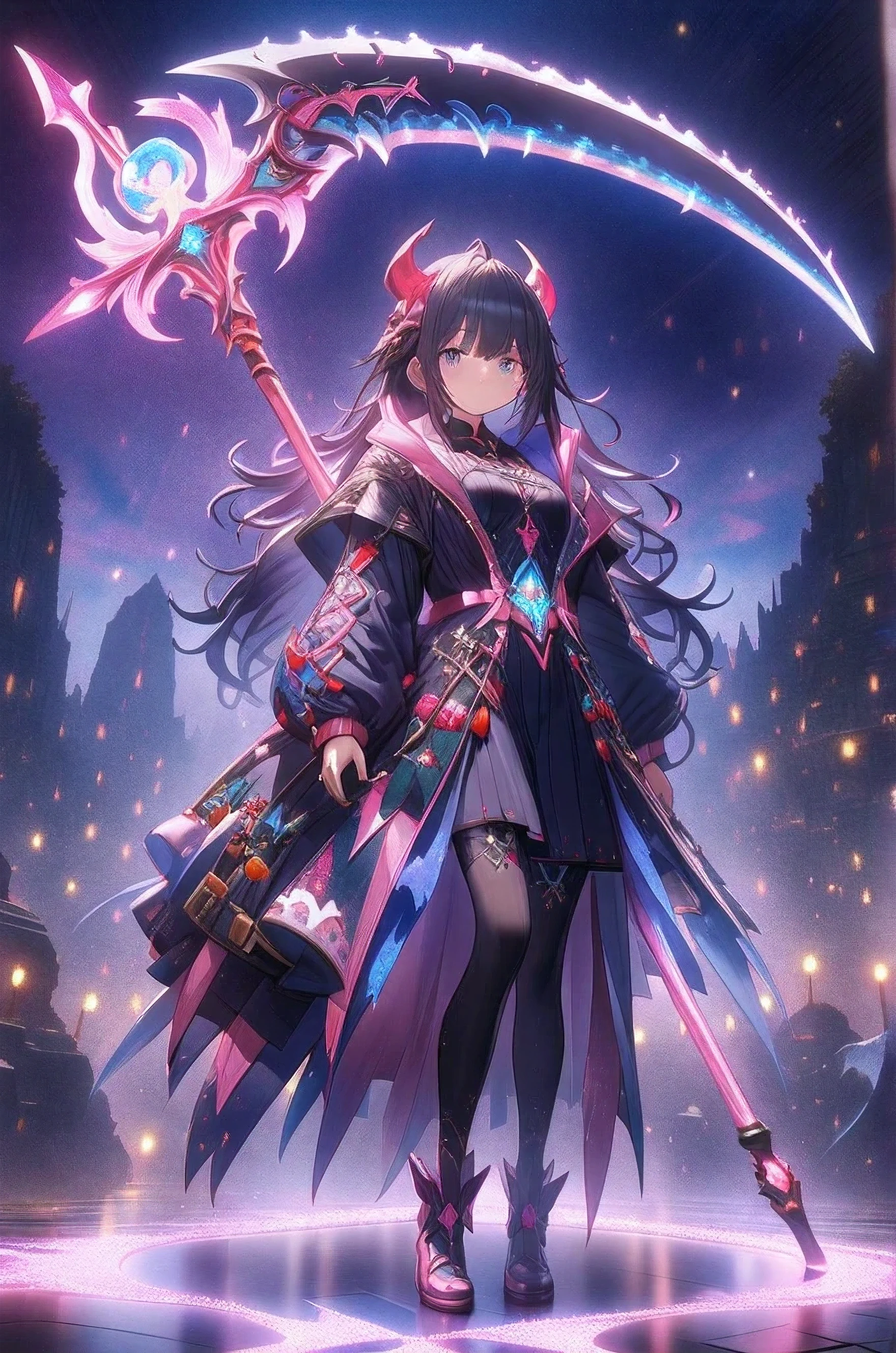 she has a large scythe that is twice the size of his body. Anime illustration of a girl. The sickle has a complicated pattern. Skull accessories. dynamic angle. minimalist background. Octane rendering. Masterpiece, highest quality, highly detailed CG Unity 8k wallpaper, fantasy girl,anime,Sparkle Glowing,Manga Anime, ral-ledlights, ral-sprnva