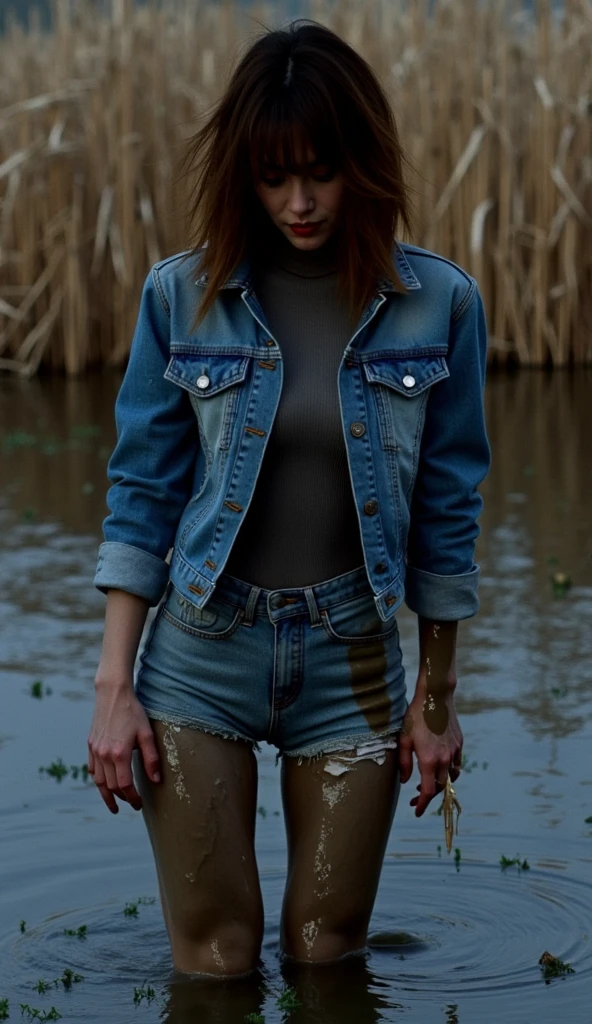 ( Best quality,4K, high definition , Realistic, vintage art 90s), close-up stuck  woman ,  plunged into a viscous messy sludge, denim jeans, denim jeans,  tight leather jacket ,turtleneck, A vintage dark and mysterious , weed , Soft Lighting ,muted colors, viscous sludge, reeds, shameful pleasure, dusk weed, covered in  viscous messy sludge, brunette