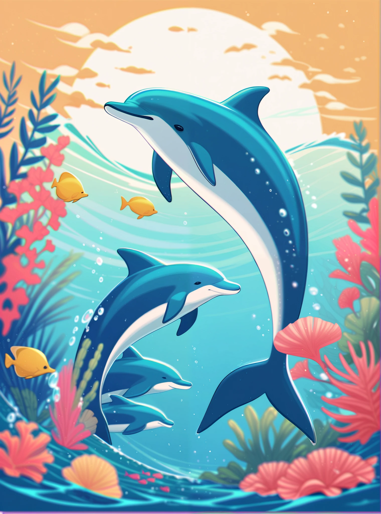 a poster of two dolphins swimming in the [ocean with corals, Protect, 7 0 % [ocean, [ocean dept, jen bartel, the [ocean, in the [ocean, Octagon 8k , on the [ocean, under the [ocean,  Official print , on the [ocean water,  illustration poster , to Protect us, [oceans, tropical [ocean, [ocean pattern,   as Katherine Scott 