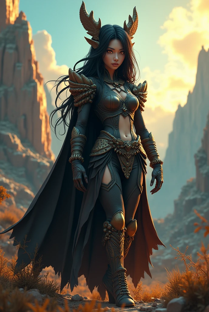 Giant amazon warrior woman walking across a landscape, small houses, trees, mountains, cowboy shot,from below,{Best Quality},{{Masterpiece}},{High Resolution},Original,Extremely Detailed 8K Wallpaper,{Extremely Delicate and Beautiful},ancient dark Style,(((masterpiece))),(((best quality))),((ultra-detailed)),(illustration),(detailed light),((an extremely delicate and beautiful)),dramatic_shadow,ray_tracing,shiny skin,large breasts,muscular female,abs,wide hips,full armor,mountain,snow,thick thighs,gothic,cute face,gold trim,pretty female,spread legs,((masterpiece)), ((best quality)), ((official art)), (extremely detailed CG unity 8k wallpaper), ((highly detailed)), ((illustration)),{{realistic}}