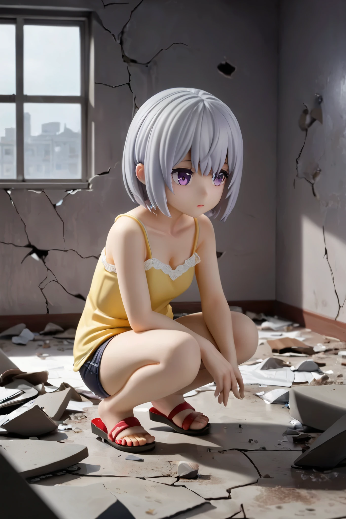  high definition ,indoor,Broken Desk , Window without Glass , Window Without Window Frame , Cracked Wall ,,Discolored Walls , Cracks in the Floor , Ceiling Falling ,（ Light Is Out）,dim,Debris scattered,Garbage is scattered, dirty , 1 girl , Anatomically Correct Body , Silver Hair,Glossy hair, short hair,Purple Eyes,Shining Eyes, lace camisole,Yellow camisole,Red Sandals, squatting