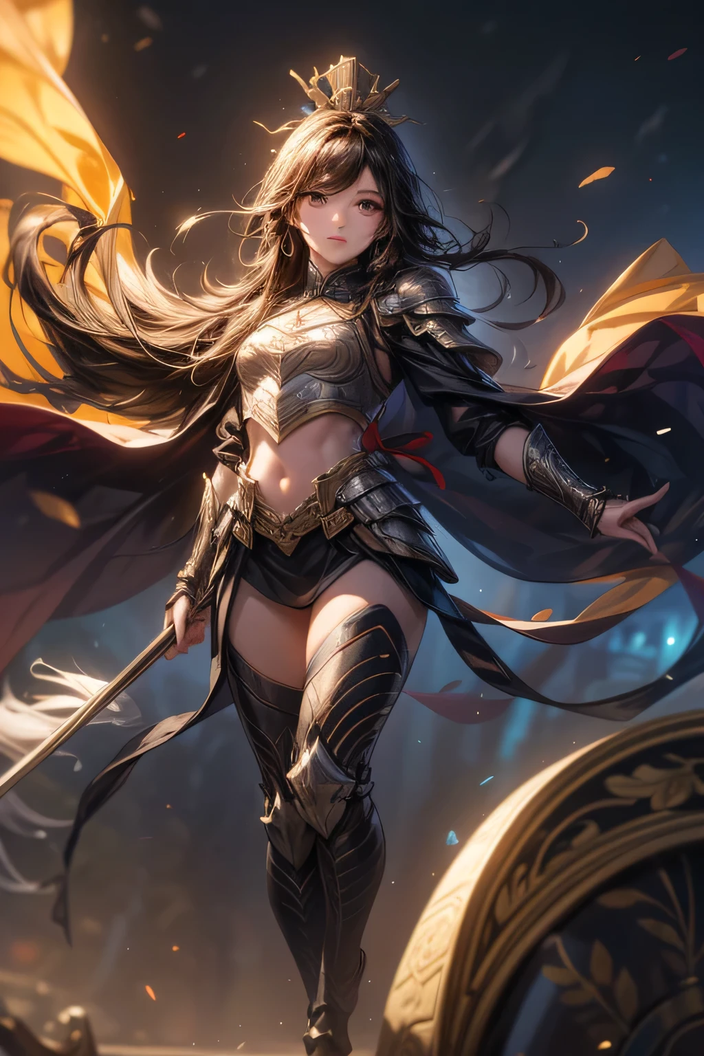 Ultra-high saturation,(tmasterpiece), fully body photo,(best qualtiy), (1girll), starryskybackground,Wearing shiny gold armor, cool-pose, Saint Seiya Armor, messy hair,high detal, Anime style, Cinematic lighting, Sparkle, god light, Ray traching, filmgrain, hyper HD, textureskin, super detailing, Anatomical correct, A high resolution,Ultra-high saturation,hight contrast,High-gloss armor,Smooth skin,Serious expressions,Dark room,