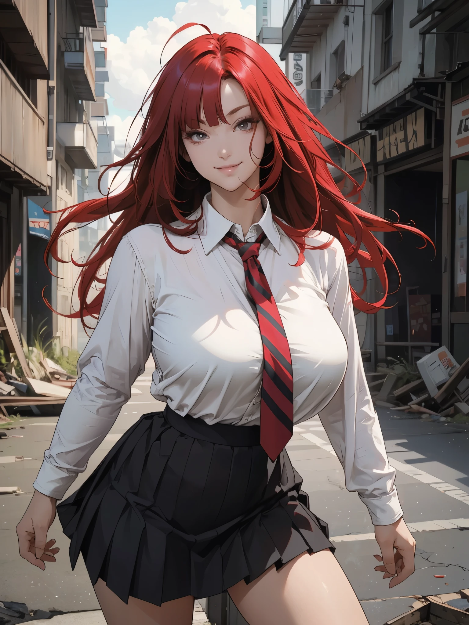 (best_quality, masterpiece:1.2), (highly detailed), (4k, 8k, uhd, high_resolution, highres), girl, stepping pose, thighs, red short pleated skirt, long bob hair, messy hair, looking at viewer, smirk smile, neck tie, white long sleeves blouse, (gigantic breasts:1.2), heavy smoke, abandoned city, hero, academy, anime, stance, long hair, red hair, white details accent,
