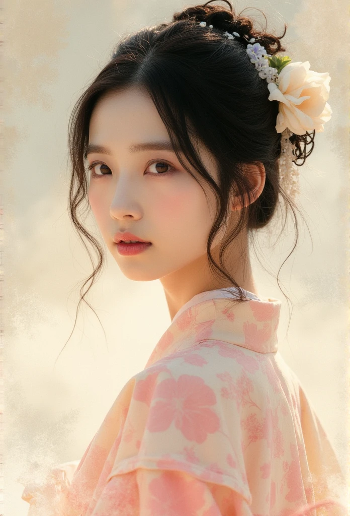 A serene and poetic portrait of a young East-Asian woman, captured in delicate detail. Her soft, porcelain-like skin glows gently under warm, diffused light. She wears a traditional kimono in pale pastel tones of pink and cream, adorned with faint floral patterns, evoking a sense of timeless grace. Her dark, slightly messy updo is intricately styled, with a few loose strands falling gently around her face, framing her delicate features. A small white flower adorns her hair, adding a touch of purity and natural elegance. Her eyes are filled with a quiet depth, gazing softly forward as if lost in thought, exuding both innocence and quiet strength. The scene is imbued with a dreamy, ethereal quality, with subtle brushstrokes and a watercolor-like texture blending the subject harmoniously into the background. The atmosphere is one of fleeting beauty, like a moment frozen in time, evoking the fragility and poetry of existence.