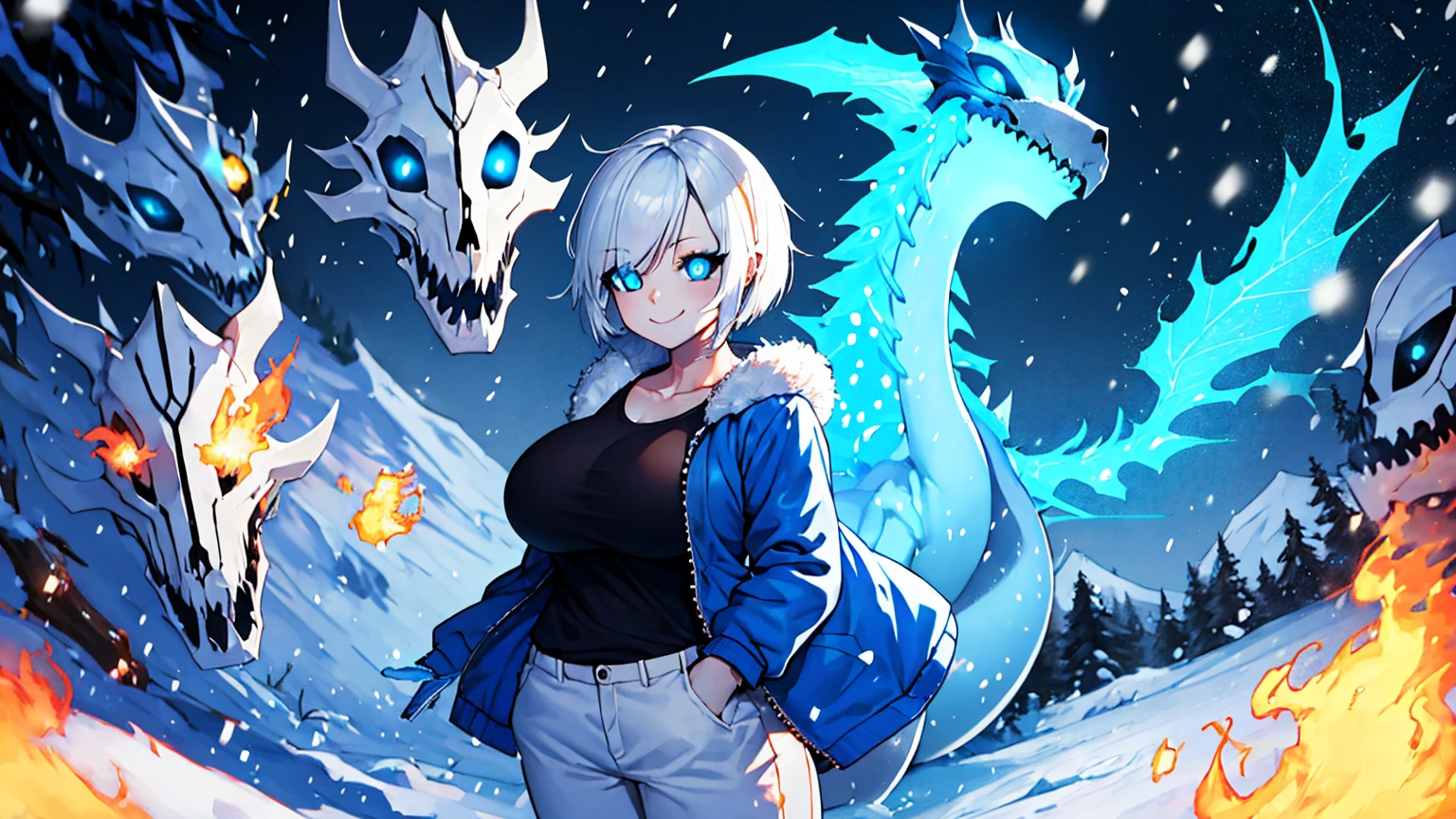 Sans blue jacket black shirt fire eyes skull smile long eyelashes white short hair glowing face blue dragon skull cannon standing alone in the snow town Femininefull Super huge big breasts breast enlargement full-body shot