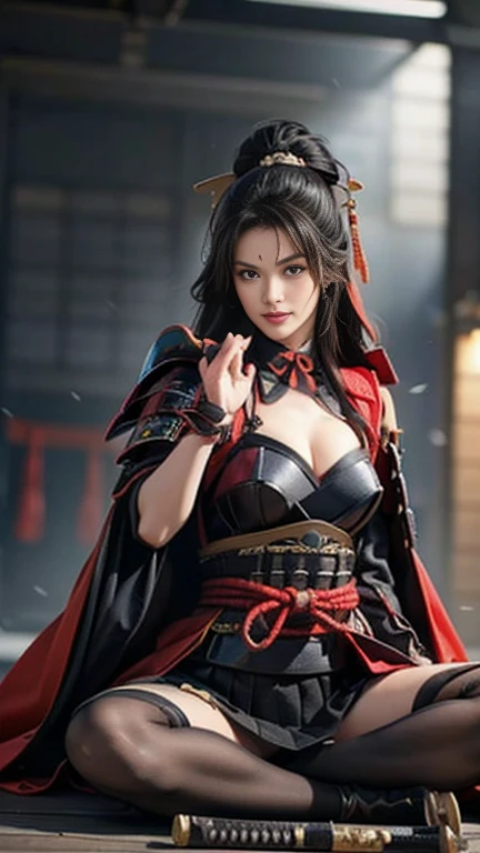   best quality, masterpiece,  ultra high resolution with forest background, (reality: 1.4), Original photo,  Beautiful black-haired woman ：1.3, Topknot ,((dynamic pose)),(looking at viewer),(facing at viewer),((indian style, sitting)),((  black night armor :1.3 )),Breasts are 2 /3 exposed skin ,medium breasts,cleavag,underboob,plunging necklines, SUPER MINISKIRT ARMOR ,  underwear is red high leg , wears black armor on her shoulders,(Black Cape), beautiful skin like silk , Wide neckline, beautiful silhouette   ,  black tights,(traditional Japanese village), (8k,  RAW photos ,  best quality),  handsome，Beautiful female knight, detailed digital art , Very nice work of art,(Reach Out Your Open Hand Forward :1.3),(on stage:1.2),(( from below)),( female shogun gives orders to soldiers :1.3),Muscular,(warrior:1.2),dynamic,confident,Inappropriate smile,Overbearing,warrior：1.2,Japan,((holding katana)),