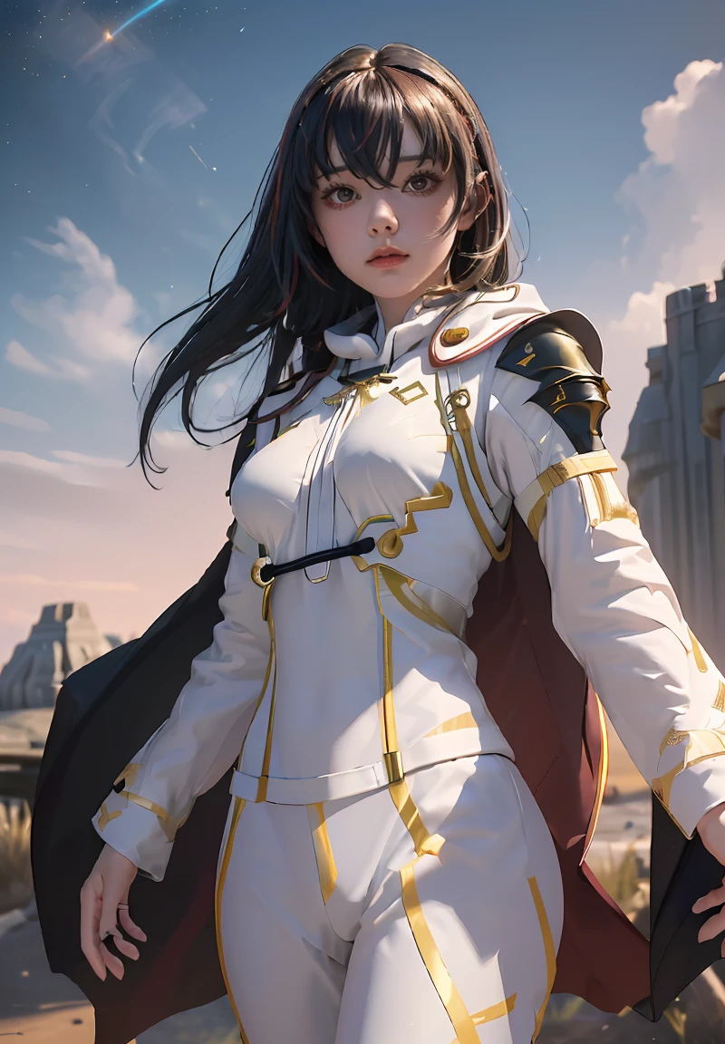 ((masterpiece, best quality, extremely detailed), volumetric lighting, ambient occlusion, colorful, glowing), 1girl, solo, young girl, (dark hair), long hair, ranger suit, hunter class dnd, cloak, (white outfit with gold detailst:1.3), armor, outdoors, sunset, sky, clouds, space, (fantasy theme:1.2),