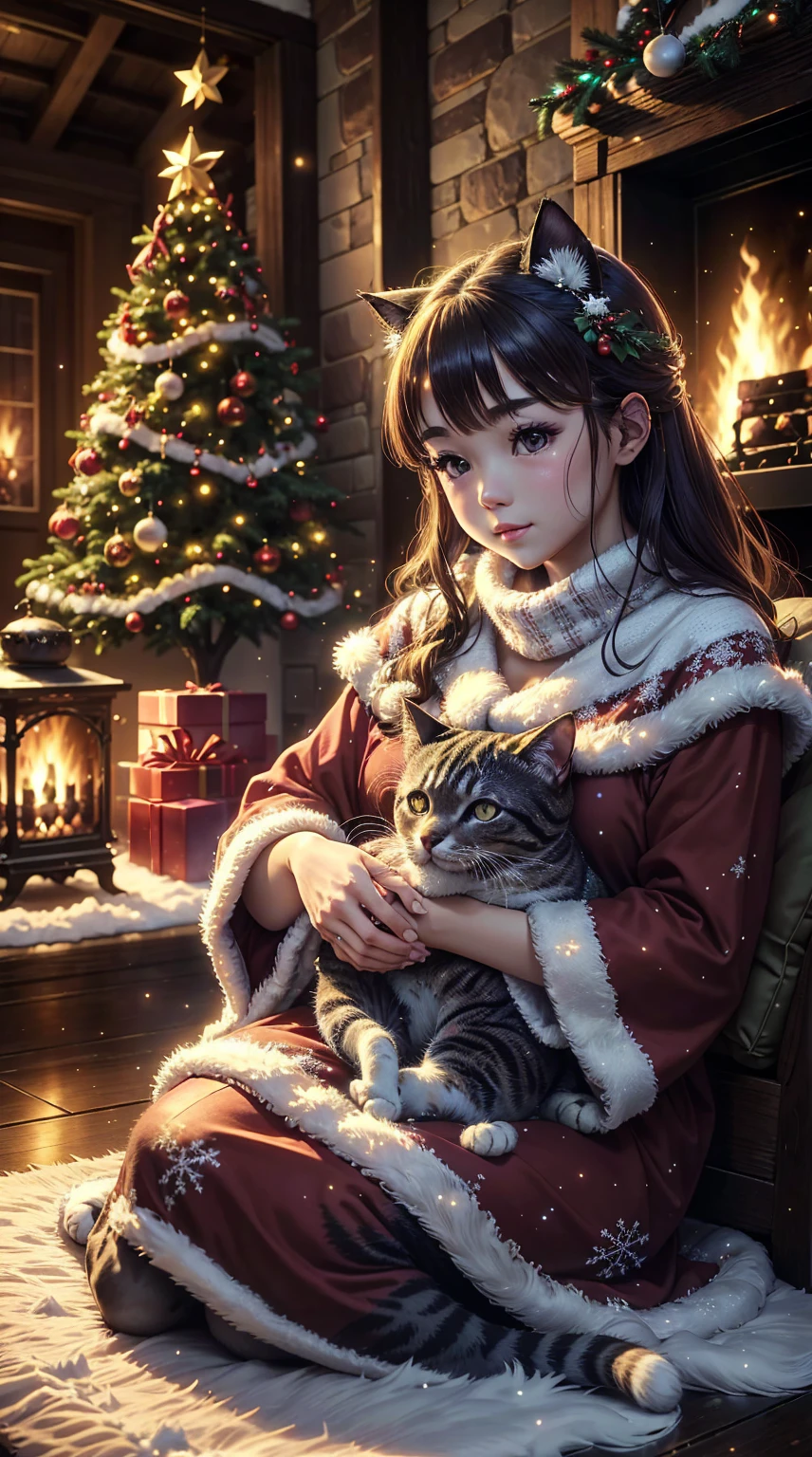  Christmas、House cat、emotional、Beautiful images、Images that women like、綺麗な Christmasの飾り付け、 ornament ball、noble decoration、House with fireplace、calm down、relax、 Christmasプレゼント