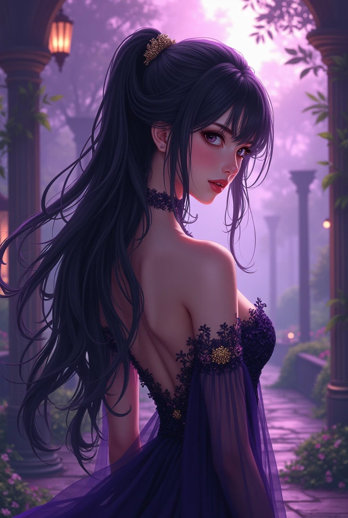 a beautiful young lady, wearing a long evening tight gown with a slit, long hand glove, beautiful hair, front pictures, 8k, highest quality, long hair, anime vision, fantasy, curve body, sparkling jewelry, full body pictures
