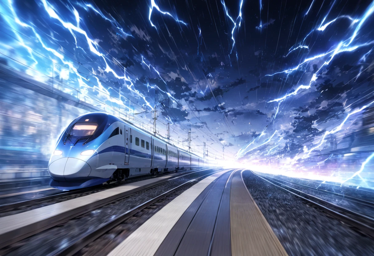 A train that transcends time and space ,  Run on rails formed by Particle Light(( motion blur:2.0 , Blue Lightning Effects :1.5 ,  Blue Particle Light Filter Effects :1.5 , backgroundぼかし)) , background:A warped world of space-time  , Dark blue bullet train 