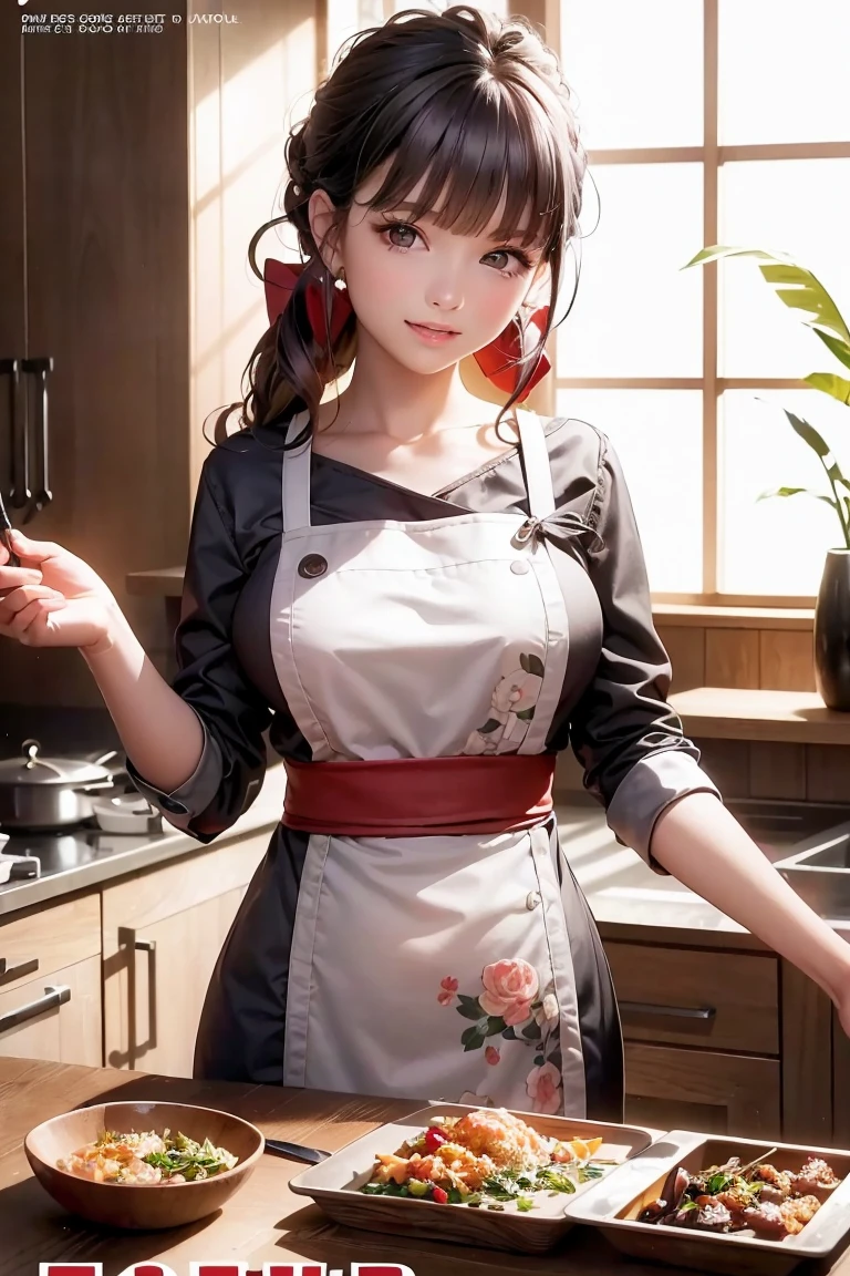 ( best quality,masterpiece:1.2), magazine cover where women are cooking, 1 girl,20 years old,wonderful,cute,Warm smile,hourglass chart,Floral Dress,apron,Food,letter,chart,Magazine Title
