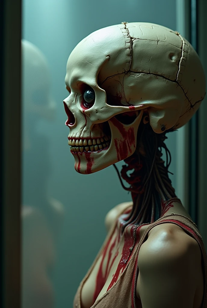 Her body is a composite , A piece of irregular body assembled into a human figure , and parts of the wrong assembly , Every wound is like a tear wound , with its spherical skull, which had severe depressions in three places.。
The eye beads are firmly placed on the iris , An already burst , should be invisible 。
Tap !Tap ! A dead woman hits the glass window ,Word of mouth , The mouth was just a lot of blood...