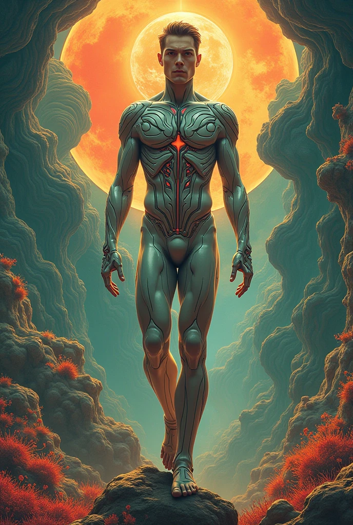 un primer plano de un hombre parado sobre una roca cerca de un cuerpo de agua, by Mœbius, kilian ing. moebius, inspired by Mœbius, franco por, In the iconic style of De Moebius, inspirado en Philippe Druillet, moebius aesthetics, moebius. Colores ricos, cubierto de carne rosada