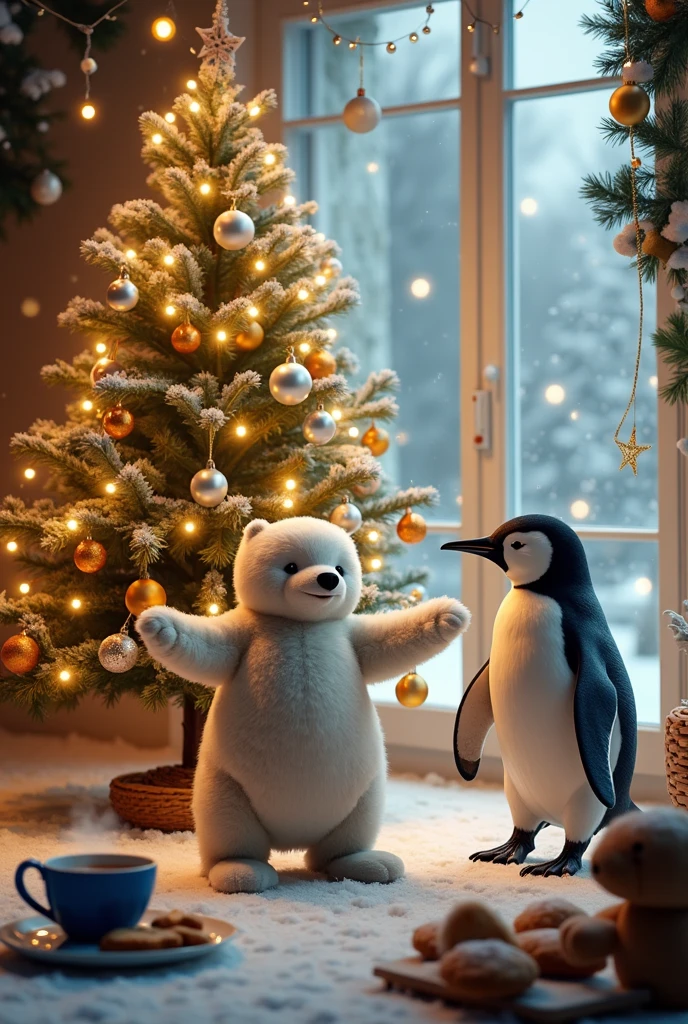 A baby penguin, a cuddly polar bear, and a baby seal are joyfully twirling around a beautifully decorated Christmas tree. The room is glowing with magical light from golden and silver ornaments that shimmer as they move. Snow gently falls outside, and sparkling garlands hang from the walls. Nearby, a plate of freshly baked gingerbread cookies and a steaming mug of cocoa rest on a snowy windowsill, adding to the enchantment.