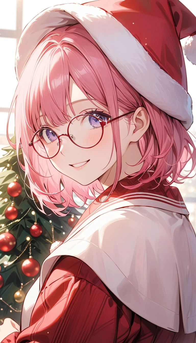   pink hair、 short bob、 wave hair、Round Glasses、クリスマスをテーマにした背景でセクシーなWear Christmas clothes  ,  Christmas tree , Wear Christmas clothes  ,  wear a Christmas hat ,  happy expression, Soft light