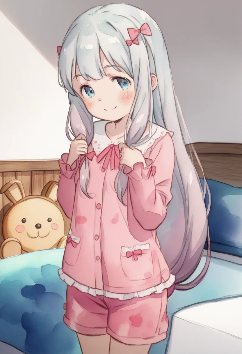 (((watercolor:2))), sketch, best quality, high resolution, 8k, ((loli)), solo, blush, small breasts, (Sagiri Izumi, long hair, blue eyes, ribbon, hair ribbon, gray hair, pink ribbon, ribbon, shorts, pink shirt, pajamas, pink shorts), smile, room, pink curtain, bed, stuffed toy, undressing