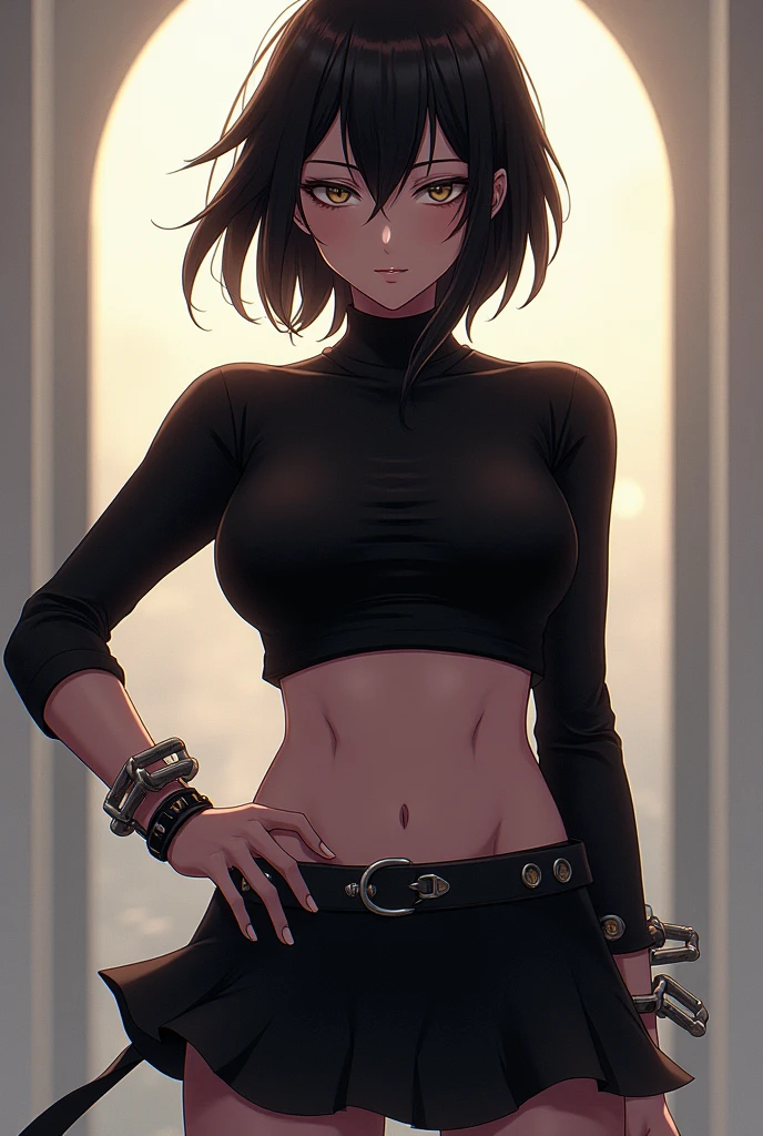 absurdres, highres, ultra detailed, (1 girl: 1.2), (((dark tanned skin: 1.4))), abs: 1.3, round ass, black necklace shoker, unity 8k wallpaper, a woman, wet, water drops, sweat, Dynamism, cinematic shot, intricate details, (lifting jacket: 1.3), grab ass, (visible skin: 1.3), sexy clothes, tease, playful expression, seductive pose, (masterpiece, ultra highres, detailed background:1.5), (intricate surroundings: 1.3), (elaborate scenery:1.3), (rich textures: 1.3), (detailed lighting: 1.2), (dramatic shadows: 1.2), (vivid color palette: 1.2), pool, body twisting, seductive pose, Dark hair, Short and ((Spiky) Pixie haircut), bright lighting, sci-fi