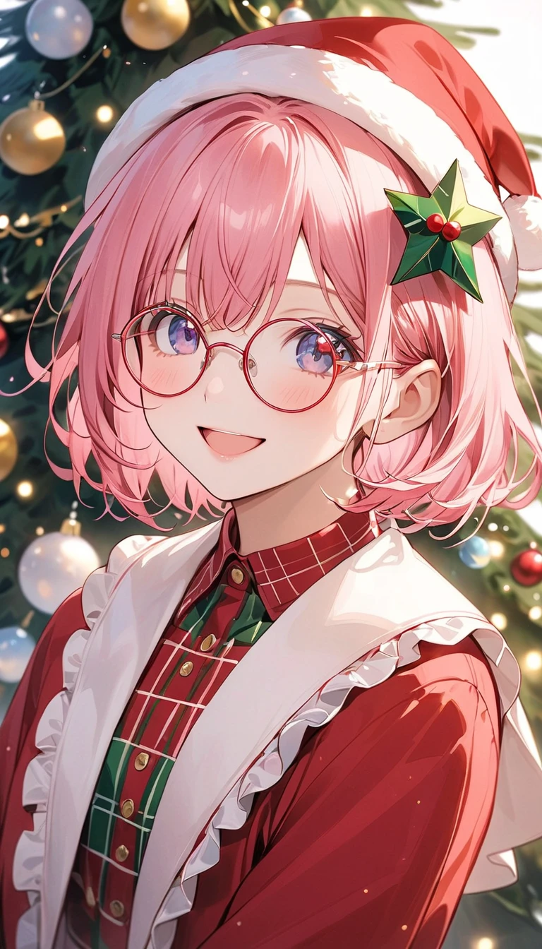   pink hair、 short bob、 wave hair、Round Glasses、クリスマスをテーマにした背景でセクシーなWear Christmas clothes  ,  Christmas tree , Wear Christmas clothes  ,  wear a Christmas hat ,  happy expression, Soft light