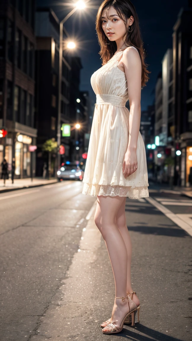 18-year-old Japanese girl，long  hair，White tulle dress，Underwear and panties loom，The body looms，White sandals，Smile with，Walk the crowded streets，Several cars drove by，