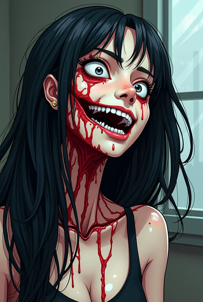 Solo. Creepy, terrifying muscularly lean girl with short messy curly black hair, big breasts, defined muscular thighs, a sharp jawline, crazy red eyes, metal wires joining his seperated upper jaw and lower jaw, Jeff the killer's mouth, muscular forearms, sharp shark-like teeth for teeth, pale white skin, red eyes on her body, wearing only a big white T-shirt, eating a lung, in a black background. Cannibalistic. Floating red eyeballs. Horror. Her name is Cannaria, . Blood, smiling