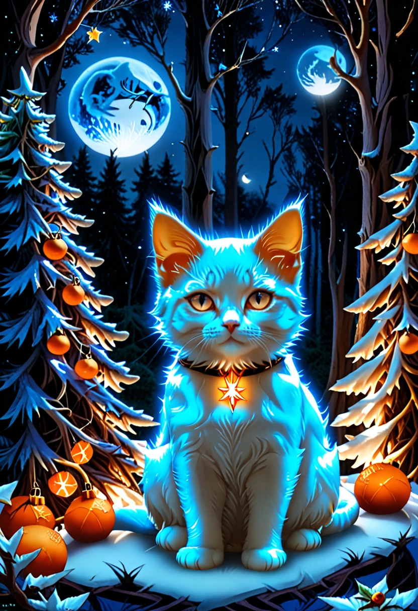 High image quality、Real Photo、a blue kitten in a deep forest in England, 　The kitten has orange eyes 、 and is sitting facing the front looking at the camera、and all the trees in the forest are Christmas trees.,The moon is visible at midnight.