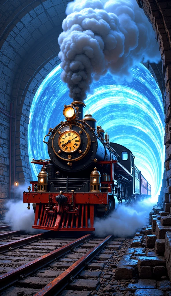 a steam train coming out of a portal. the train has a clock on its front. the portal it comes out from is magical and glows brightly.