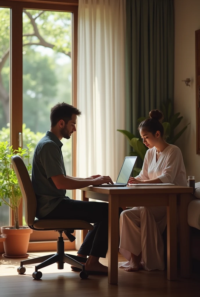 Husband and wife in beautiful location with laptops and ruling world