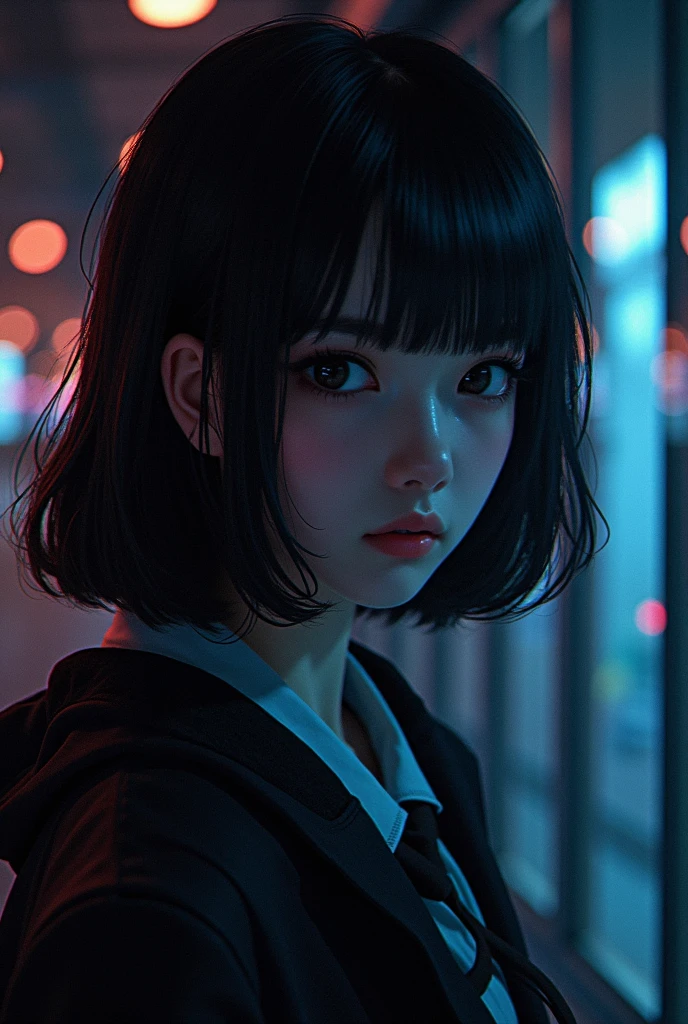 Polychrome, 1girl, night, dark, black hair, looking at viewer, upper body, facing viewer, limited palette, black background, glowing,