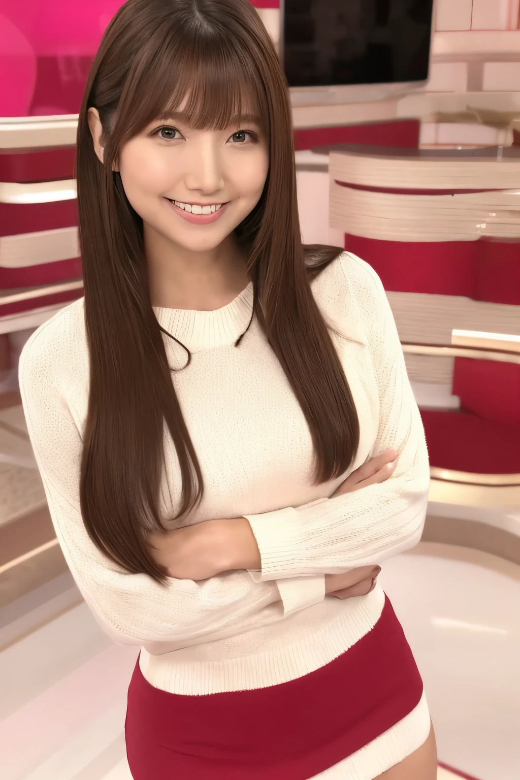  brown hair、 straight hair、With bangs、smile、Beautiful breasts、 slim body、White knitted sweater、 Pink Miniskirt、Crossed Arms、 in sexy red lingerie、In the morning news studio