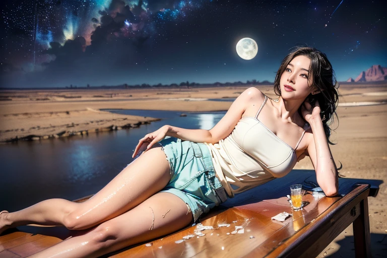 Full view from a distance, seeing the entire figure of Silderera, a tall and slender Korean beauty, 18 years old, white skin like a jade stone, shoulder-length brown hair, blue eyes, a beautiful woman. Sitting naked riding a horse bathed in the moonlight, head raised, eyes closed, arms raised above the head, on a sandy beach by the sea at night with a big round moon floating above the surface of the water, real photos.--ar 16-9 size.