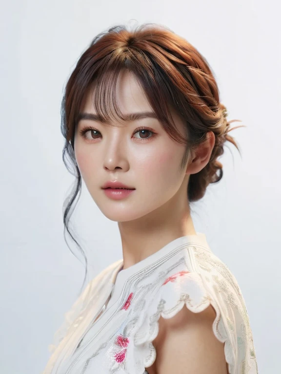 beautiful Korean girl, love-shaped lips, split chin, white skin, hair tied, sharp nose, forward, realistic