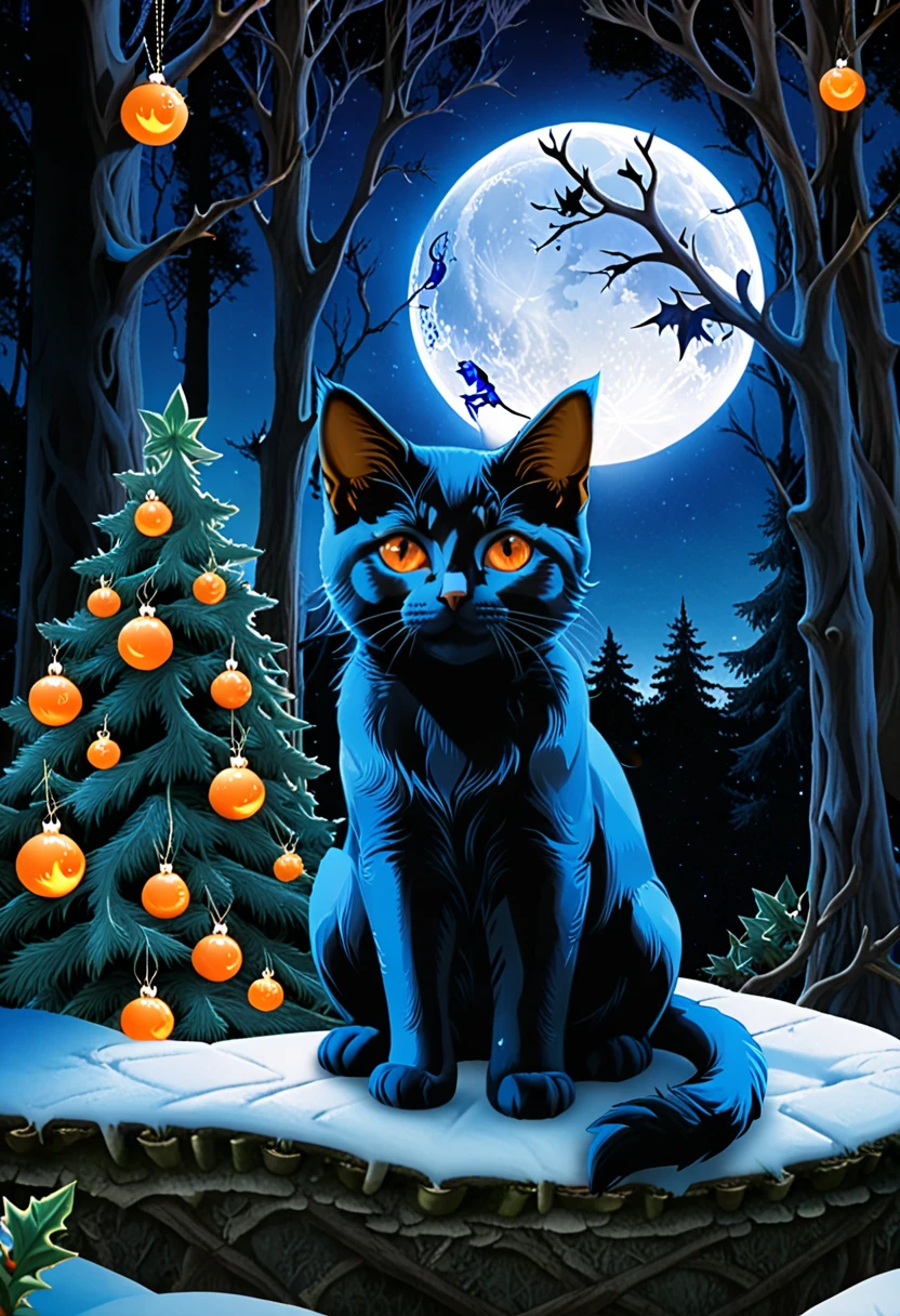 High image quality、Real Photo、a blue kitten in a deep forest in England, 　The kitten has orange eyes 、 and is sitting facing the front looking at the camera、and all the trees in the forest are Christmas trees.,The moon is visible at midnight.