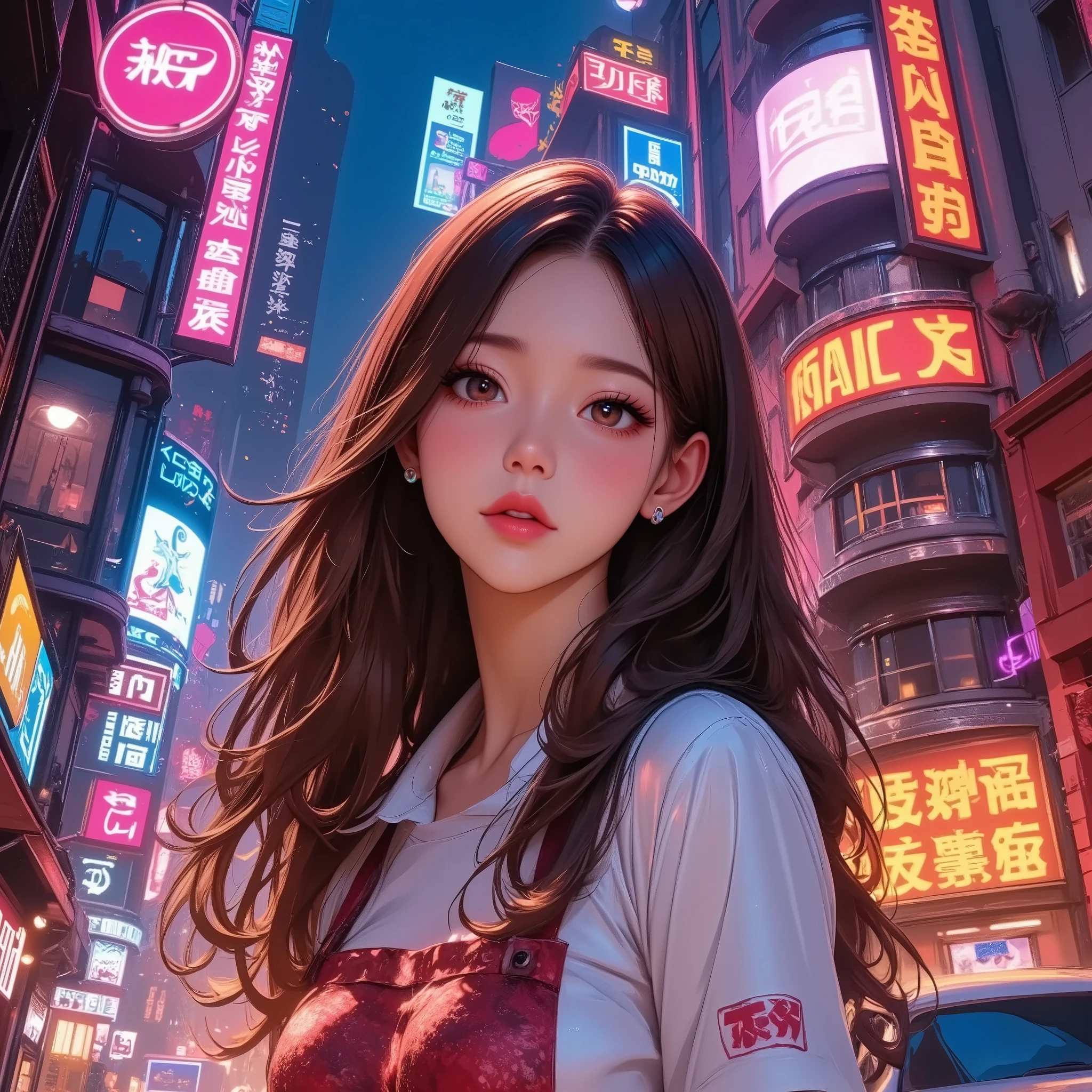 カラフルでポップなStreetscape, Retro Pop Culture , Girl illustration, Streetscape, urban environment,  Vivid Neon Colors ,  retro aesthetic, (((Color Pop Art , Vaporwave,  color splash ))),  excitement ,  digital art ,  concept art,  Intricate Details ,  Very detailed, Awards, masterpiece