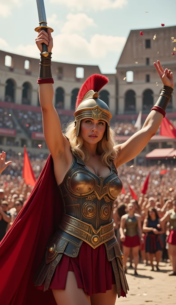 (masterpiece:1.2), (best quality,:1.2), 8k, HDR, ultra detailed, ((photorealistic)), professional light, cinematic lighting, ambient lighting, <lora:detail_slider_v4:1>, Samantha, <lora:Samantha-10:1>, wearing intricate gladiator armor, belt, breastplate!, bracers, alone in a fantasy arena, spectator crowd in the stands, <lora:Arena-10:0.9>, <lora:Gladiator-10:0.6>, epiCPhoto