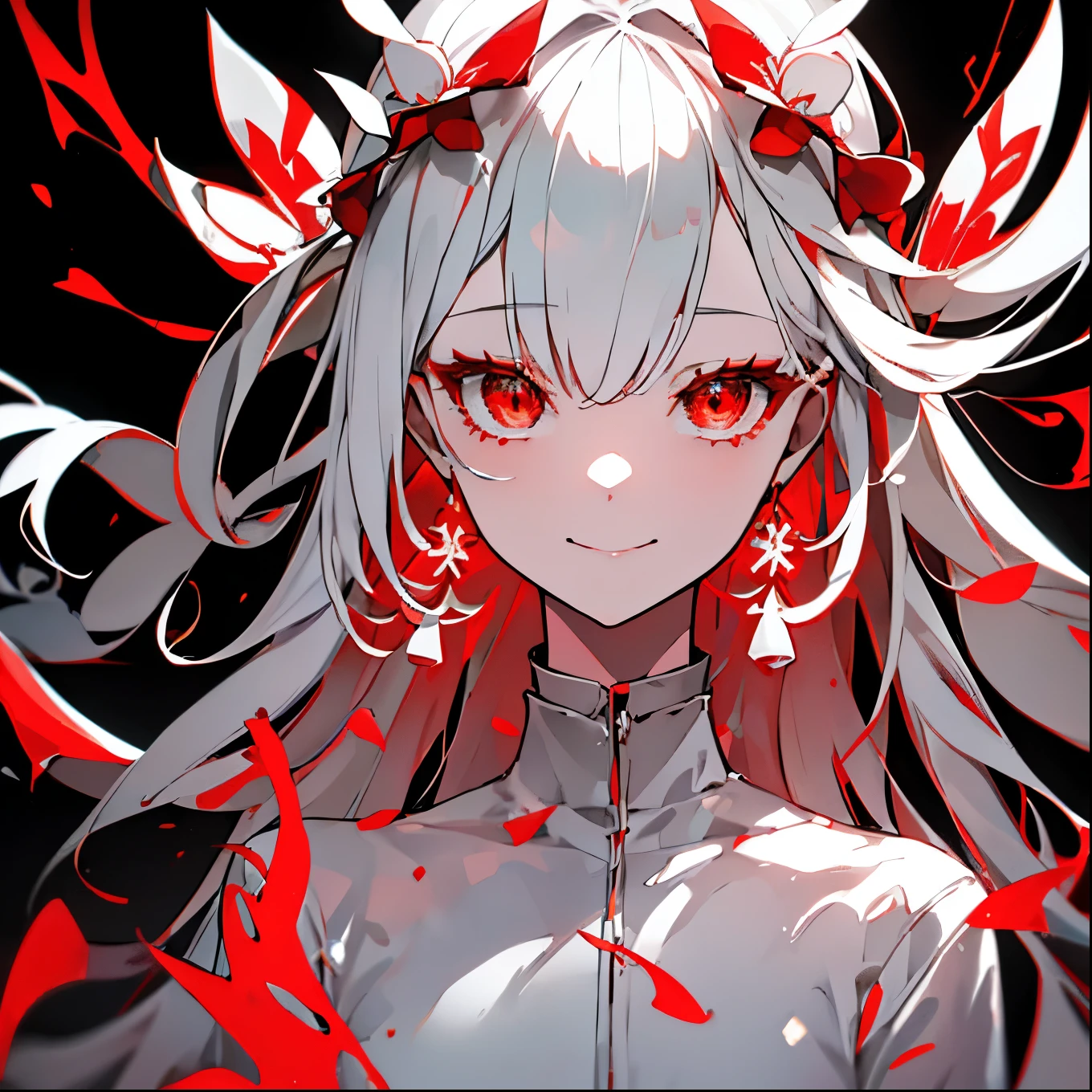  1 girl、Fujiwara Meihong、 long hair、white hair、White clothes、 Confident Smile 、 Large Red and White Hair Ornaments Above My Head 、 I Wear Multiple Red and White Hair Ornaments on My Hair、 Red Relaxed Pants 、Crimson Shining Eyes 、beautiful、 best quality、 greatest masterpiece、inflammation、Dark Background