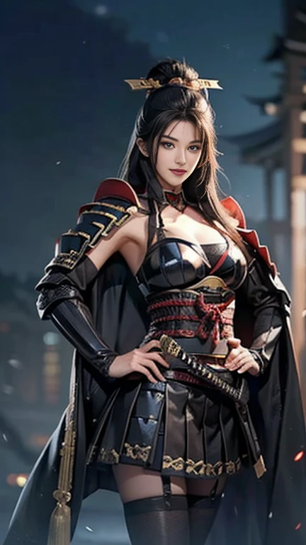   best quality, masterpiece,  ultra high resolution with forest background, (reality: 1.4), Original photo,  Beautiful black-haired woman ：1.3, Topknot ,((dynamic pose)),(looking at viewer),(facing at viewer),((put hands on hips)),((  black night armor :1.3 )),Breasts are 2 /3 exposed skin ,big breasts,cleavag,underboob,plunging necklines, SUPER MINISKIRT ARMOR ,  underwear is red high leg , wears black armor on her shoulders,(Black Cape), beautiful skin like silk , Wide neckline, beautiful silhouette   ,  black tights,(traditional Japanese village), (8k,  RAW photos ,  best quality),  handsome，Beautiful female knight, detailed digital art , Very nice work of art,(on stage:1.2),( female shogun gives orders to soldiers :1.3),Muscular,(warrior:1.2),dynamic,confident,Inappropriate smile,Overbearing,warrior：1.2,Japan,((holding katana)),