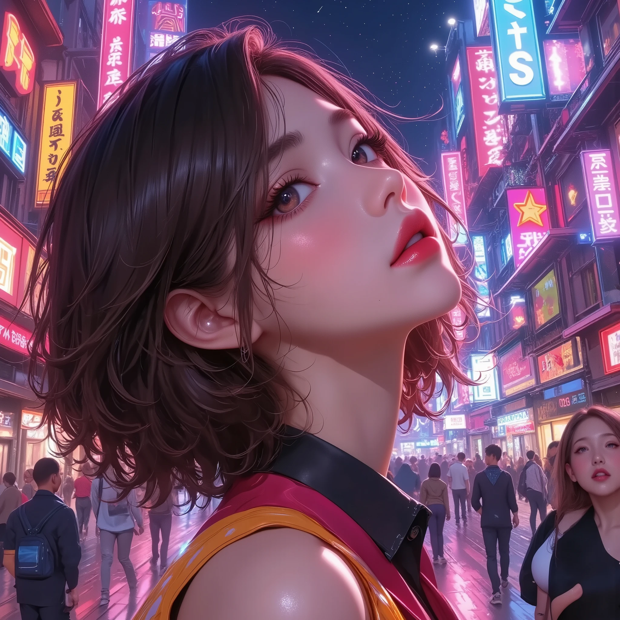 カラフルでポップなStreetscape, Retro Pop Culture , Girl illustration, Streetscape, urban environment,  Vivid Neon Colors ,  retro aesthetic, (((Color Pop Art , Vaporwave,  color splash ))),  excitement ,  digital art ,  concept art,  Intricate Details ,  Very detailed, Awards, masterpiece