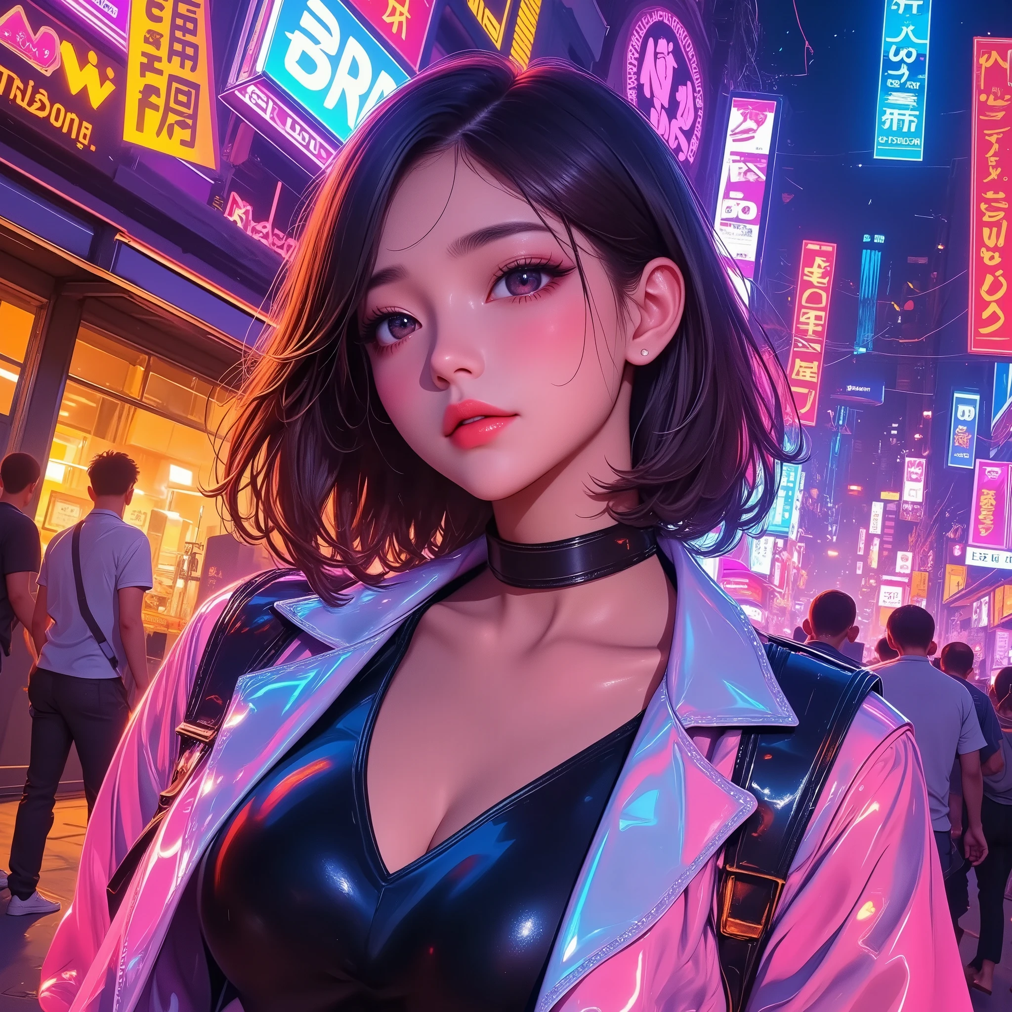 カラフルでポップなStreetscape, Retro Pop Culture , Girl illustration, Streetscape, urban environment,  Vivid Neon Colors ,  retro aesthetic, (((Color Pop Art , Vaporwave,  color splash ))),  excitement ,  digital art ,  concept art,  Intricate Details ,  Very detailed, Awards, masterpiece