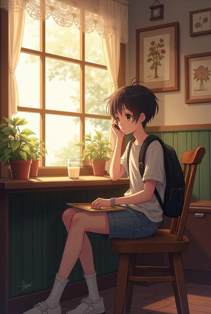 A male student is sitting in the classroom, this male student is still wearing a T-shirt, short black hair, holding a pen in his hand, there are test papers, there are books, the lens is mainly featured on the upper body, in the Loepfe art style ((Xinhai City), popular in CGStation, Shin Hai Cheng H 2160, inspired by Bian Shoumin, Xinhai Cheng, Kavassi, Guwitz style, high quality pictures, 4K, 8K, resolution,
