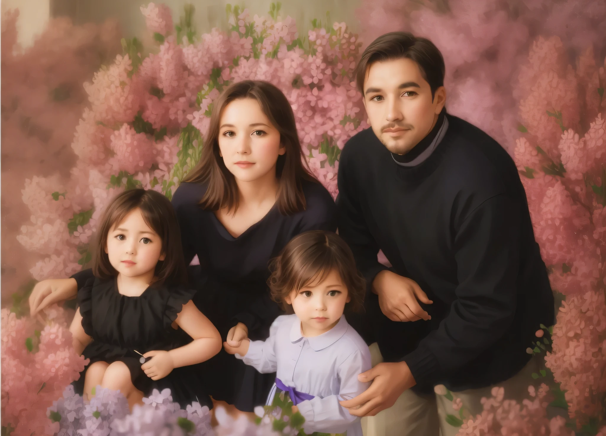 A girl stands among flowers , with a bouquet of lilacs in hands