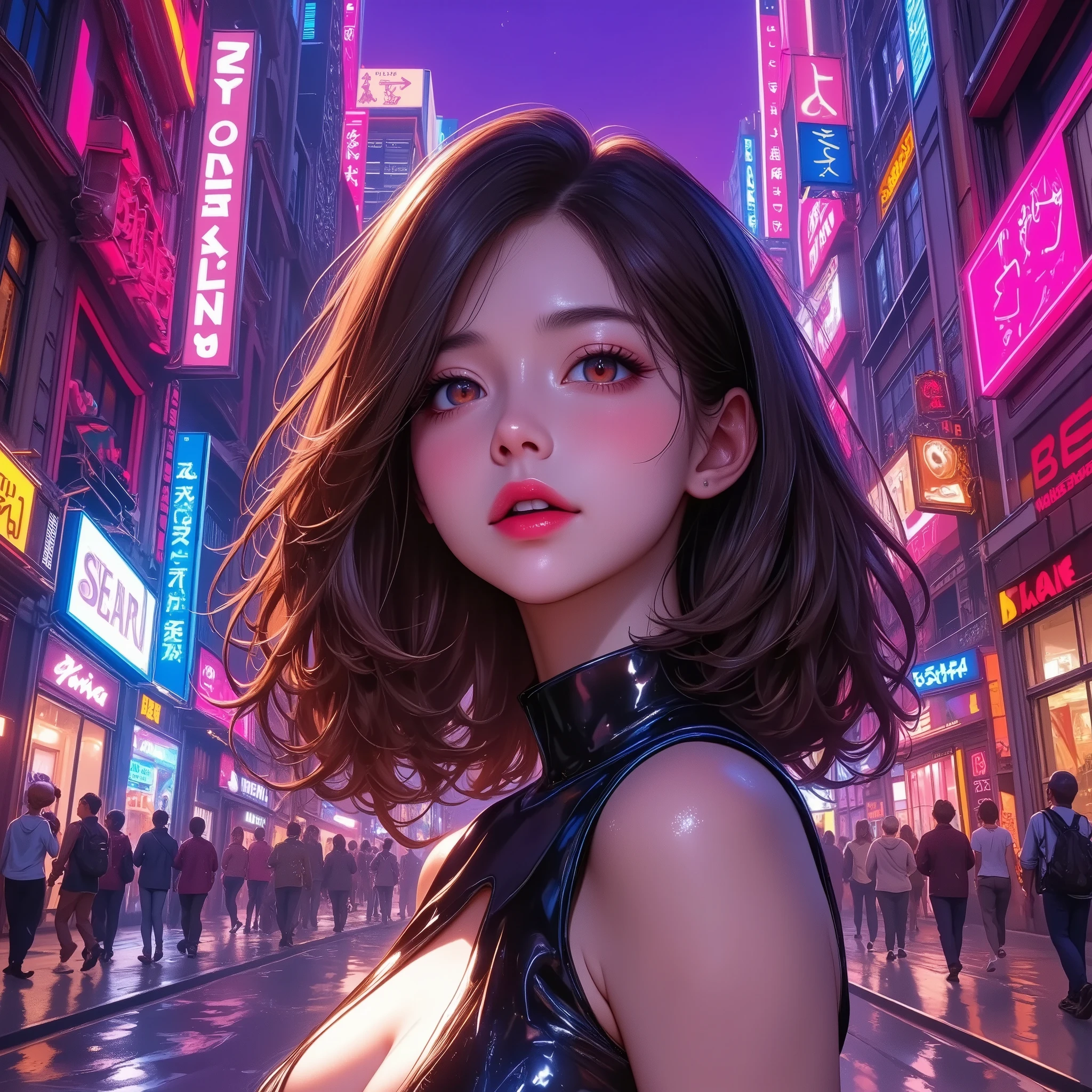 カラフルでポップなStreetscape, Retro Pop Culture , Girl illustration, Streetscape, urban environment,  Vivid Neon Colors ,  retro aesthetic, (((Color Pop Art , Vaporwave,  color splash ))),  excitement ,  digital art ,  concept art,  Intricate Details ,  Very detailed, Awards, masterpiece