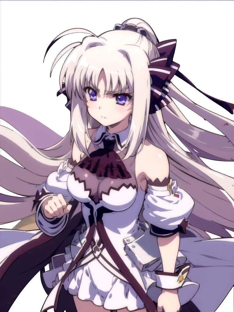 indoor, arena,
rinne_bj, 1girl, long hair, looking at viewer, breasts, purple eyes, upper body, ascot, detached sleeves, frown, ahoge, v-shaped eyebrows, bare shoulders, medium breasts, ribbon, hair ribbon, very long hair, closed mouth, ponytail, bangs, hair between eyes, 
